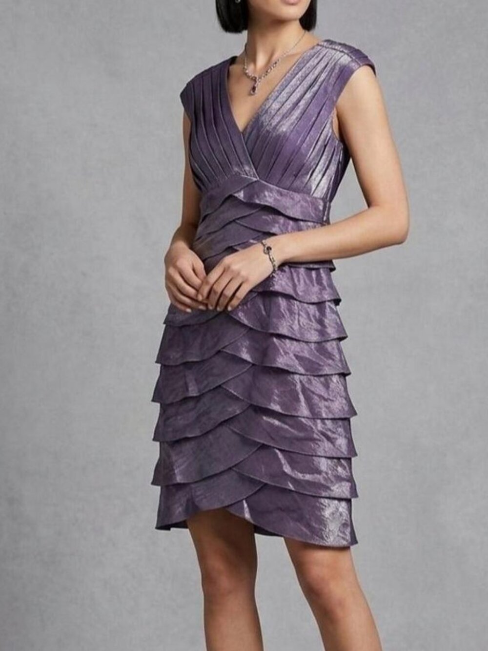 Adrianna Papell Metallic Lavender Tiered Cocktail Dress